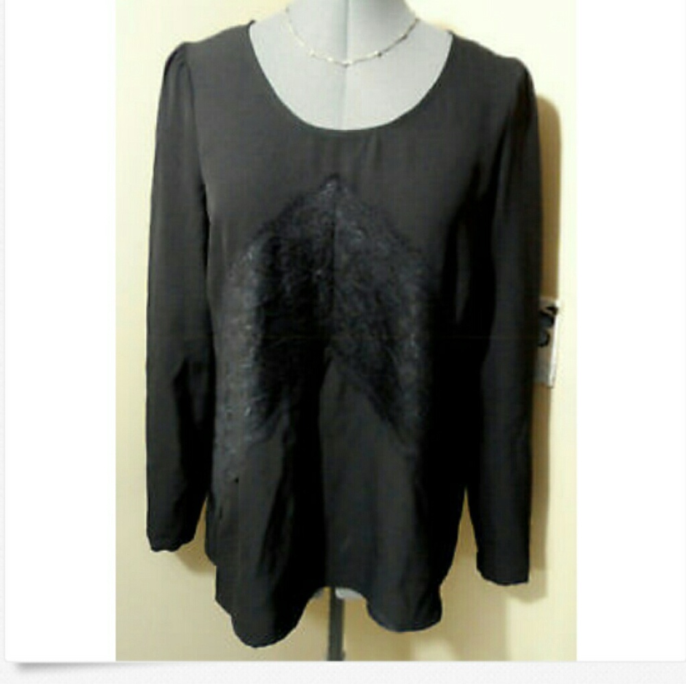 Nwt DE COLLECTION Lace trim Top S Black blouse LS